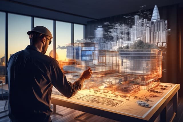 Architect creating a futuristic 3D architectural rendering of a city using advanced modeling technology