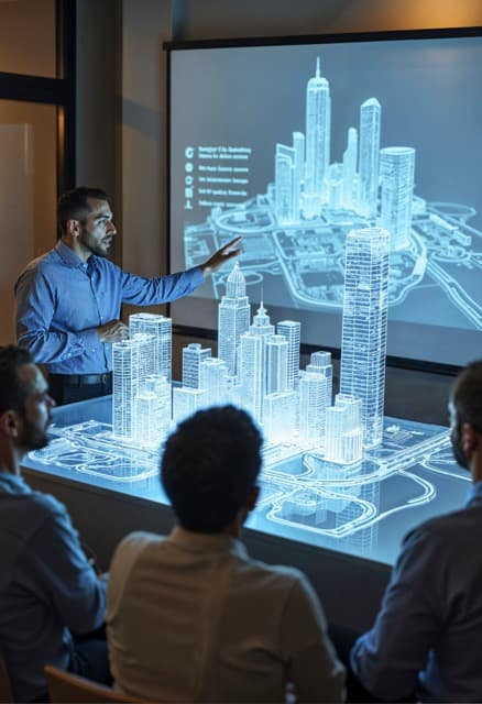 Presenter using a holographic 3D city model to demonstrate virtual construction modeling and BIM capabilities
