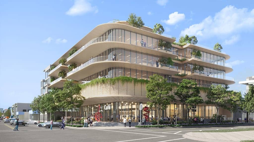 Architectural render of a modern, multi-story office building with curved terraces and green spaces